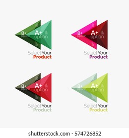 Set of triangle option infographic layouts. Select your product concept, make a choice idea