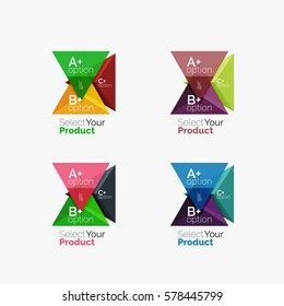 Set of triangle option infographic layouts. Select your product concept, make a choice idea
