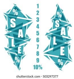 set of triangle patterns for design shares, discounts, sales and special offers for the stores, shops, market and other businesses in grunge style and  turquoise color. Super sale %. Text and numbers.