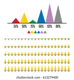 Set of triangle percentage bar chart from 1 to 100 ready-to-use for web design, user interface (UI) or infographic - red, yellow, green, blue, purple and gray