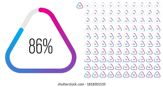 Set of triangle percentage diagrams meters from 0 to 100 ready-to-use for web design, user interface UI or infographic - indicator with gradient from magenta hot pink to cyan blue