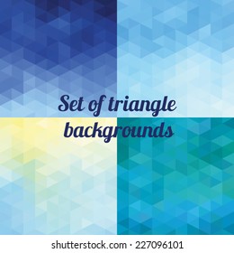 Set of triangle polygonal geometrical backgrounds. Winter, new year colors. Can be used as backdrop for wishes, greetings, design etc.
