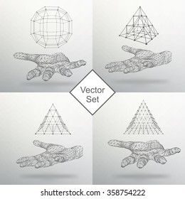 Set triangle pyramid and Ball on the arm. The hand holding a pyramid. Polygon triangle. Polygonal hand. The shadow of the objects in the background.