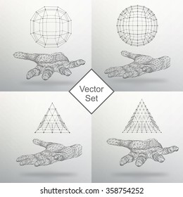 Set triangle pyramid and Ball on the arm. The hand holding a pyramid. Polygon triangle. Polygonal hand. The shadow of the objects in the background.