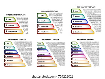 Set of triangle pyramid infographic templates with 3, 4, 5, 6, 7, 8  steps. Sheet with chart and text sample. For presentation and design concept. Vector illustration.