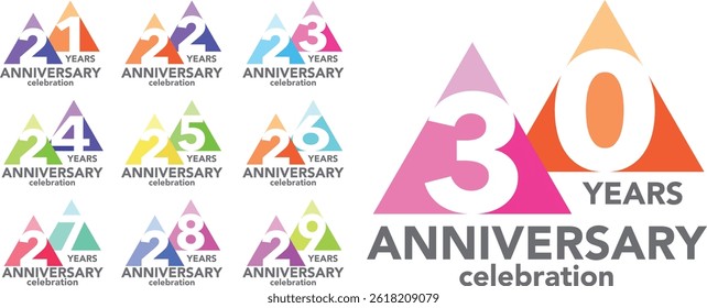 set of triangle shape various color number 21 22 23 24 25 26 27 28 29 and 30 with words TH ANNIVERSARY celebration gray color at the bottom.
