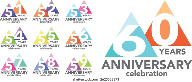 set of triangle shape various color number 51 52 53 54 55 56 57 58 59 and 60 with words TH ANNIVERSARY celebration gray color at the bottom.