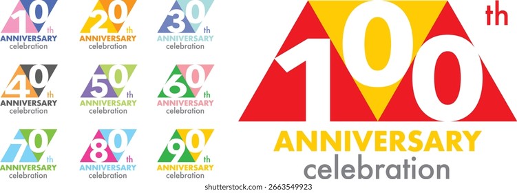 set of triangle shape various color number 10 20 30 40 50 60 70 80 90 and 100 with words th ANNIVERSARY celebration ion white background.