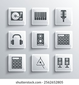 Set Triangle, Stereo speaker, Drum machine, Headphones, Vinyl player with vinyl disk and Microphone icon. Vector