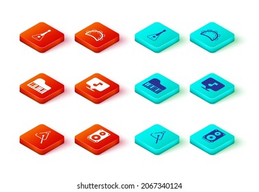 Set Triangle, Stereo speaker, Grand piano, Music note, tone, Tambourine and Guitar icon. Vector