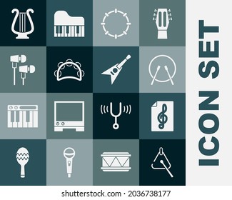 Set Triangle, Treble clef, Drum and drum sticks, Tambourine, Air headphones, Ancient lyre and Electric bass guitar icon. Vector