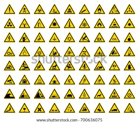 Set of triangle warning sign on yellow background. Symbol, vector, illustration