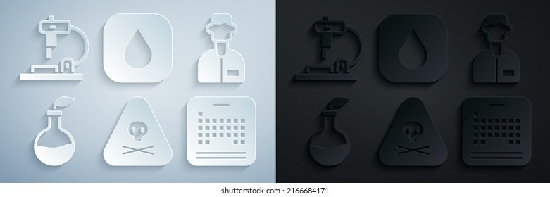 Set Triangle warning toxic, Laboratory assistant, Plant breeding, Periodic table, Water drop and Microscope icon. Vector