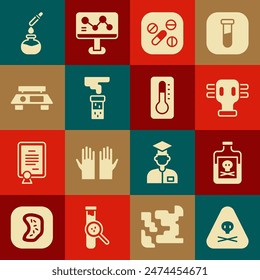 Set Triangle warning toxic, Poison bottle, Gas mask, Medicine pill or tablet, Test tube and flask, Electronic scales,  and Medical thermometer icon. Vector