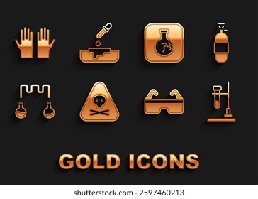Set Triangle warning toxic, Propane gas tank, Test tube flask on fire, Safety goggle glasses, and, Cracked, Medical rubber gloves and Petri dish with pipette icon. Vector