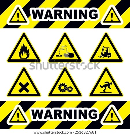 Set of triangle yellow warning sign. Vector, illustration. symbols triangular  warning hazard. Big yellow set. FLAMMABLE MATERIALS, FORK LIFT