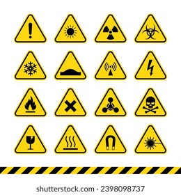 Set of triangle yellow warning signs. Hazard warning sign vector illustration