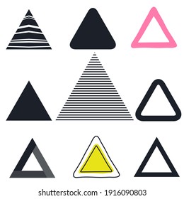 Set of triangles icons Collection of triangles Vector sign logo for mobile app and web sites Modern doodle stripes design style Fashion print clothes apparel greeting invitation card banner poster