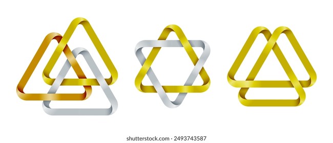 Set of triangles intertwined as valknut and star of David. Ancient esoteric symbols. Vector illustration isolated on a white background.