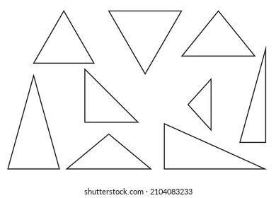 Set of triangles, various triangles in black outline, vector illustration. 