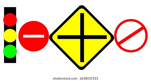 Set of triangular black, yellow, red, green and blue road signs with exclamation point. Caution sign. Vector icons for warning about the situation on the road. Isolated background