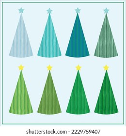 Conjunto de árboles triangulares de Navidad en colores verdes con estrellas en la parte superior. Textura de pullover. Ilustración vectorial de mano ahogada para tarjetas de felicitación, invitaciones, decoración navideña