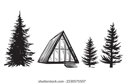 Conjunto de casa triangular ou cabana A-frame e ilustração vetor abeto de árvore em estilo de desenho linear. Casa remota no deserto e floresta para aventura ou acampar em fundo isolado.