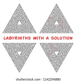 Set of triangular labyrinths. Maze isolated on a white background. Solution is made in red dotted line