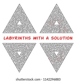 Set of triangular labyrinths. Maze isolated on a white background. Solution is made in red dotted line
