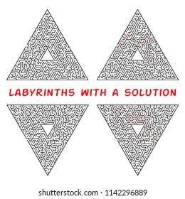 Set of triangular labyrinths. Maze isolated on a white background. Solution is made in red dotted line