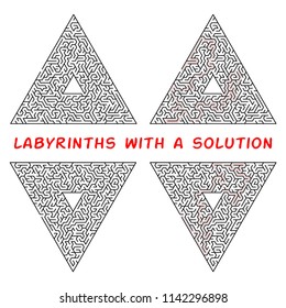 Set of triangular labyrinths. Maze isolated on a white background. Solution is made in red dotted line