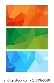 Set of triangular low poly background design, vector poster. flat green, blue and orange color. 
