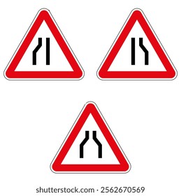 Set of triangular road narrowing signs indicating lane reduction isolated on white background.