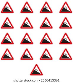 Set of triangular road signs indicating steep descents with varying percentages, useful for transportation safety and infrastructure planning.