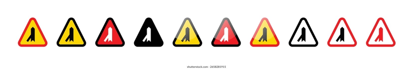 a set of triangular road signs indicating merging traffic from the left, in various colors and styles