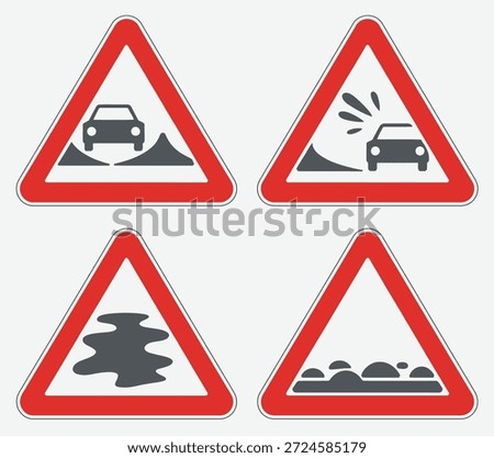 Set of triangular road warning signs depicting car hazards including uneven road spray and puddles traffic