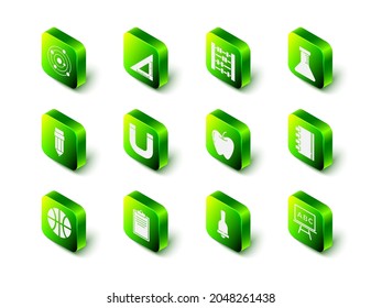 Set Triangular ruler, Abacus, Test tube and flask, Spiral notebook, Chalkboard, Apple, Ringing bell and Clipboard with checklist icon. Vector