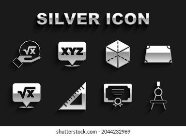 Set Triangular ruler, Acute trapezoid shape, Drawing compass, Certificate template, Square root of x glyph, Geometric figure Cube,  and XYZ Coordinate system icon. Vector