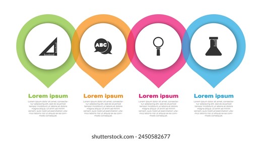 Set Triangular ruler, Alphabet, Magnifying glass and Test tube and flask. Business infographic template. Vector