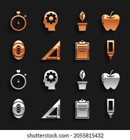 Set Triangular ruler, Apple, Marker pen, Clipboard with checklist, American Football ball, Plant in pot, Stopwatch and Head gear inside icon. Vector