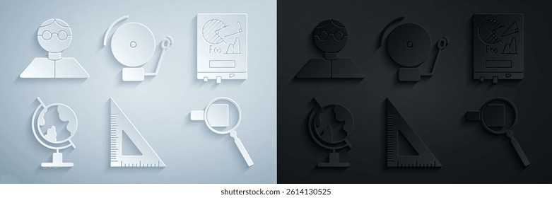 Set Triangular ruler, Board with graph chart, Earth globe, Magnifying glass, Ringing alarm bell and Student icon. Vector