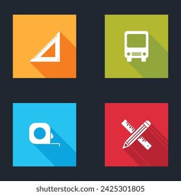 Set Triangular ruler, Bus, Roulette construction and Crossed and pencil icon. Vector