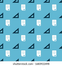 Set Triangular ruler and Certificate template on seamless pattern. Vector