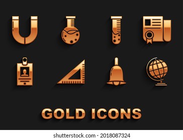 Set Triangular ruler, Certificate template, Earth globe, Ringing bell, Identification badge, Test tube and flask chemical laboratory, Magnet and  icon. Vector