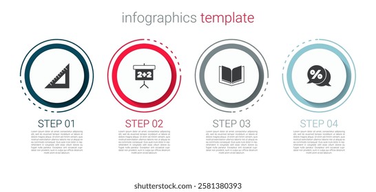 Set Triangular ruler, Chalkboard, Open book and Discount percent tag. Business infographic template. Vector