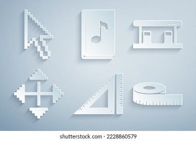 Set Triangular ruler, Gas filling station, Pixel arrows four directions, Tape measure, Audio book and cursor icon. Vector