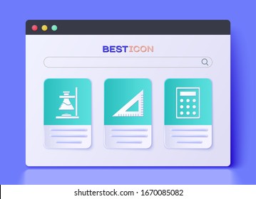 Set Triangular ruler, Glass test tube flask on fire and Calculator icon. Vector