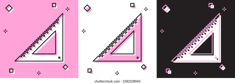Set Triangular ruler icon isolated on pink and white, black background. Straightedge symbol. Geometric symbol.  Vector Illustration