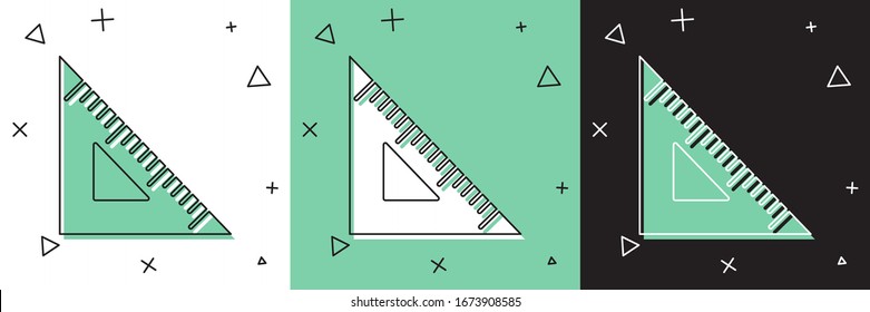 Set Triangular ruler icon isolated on white and green, black background. Straightedge symbol. Geometric symbol.  Vector Illustration