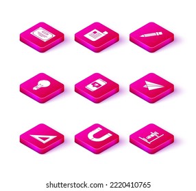Set Triangular ruler, Magnet, Light bulb with concept of idea, Graduation cap screen smartphone, Glass test tube flask fire, Paper airplane, Pencil eraser and Document icon. Vector